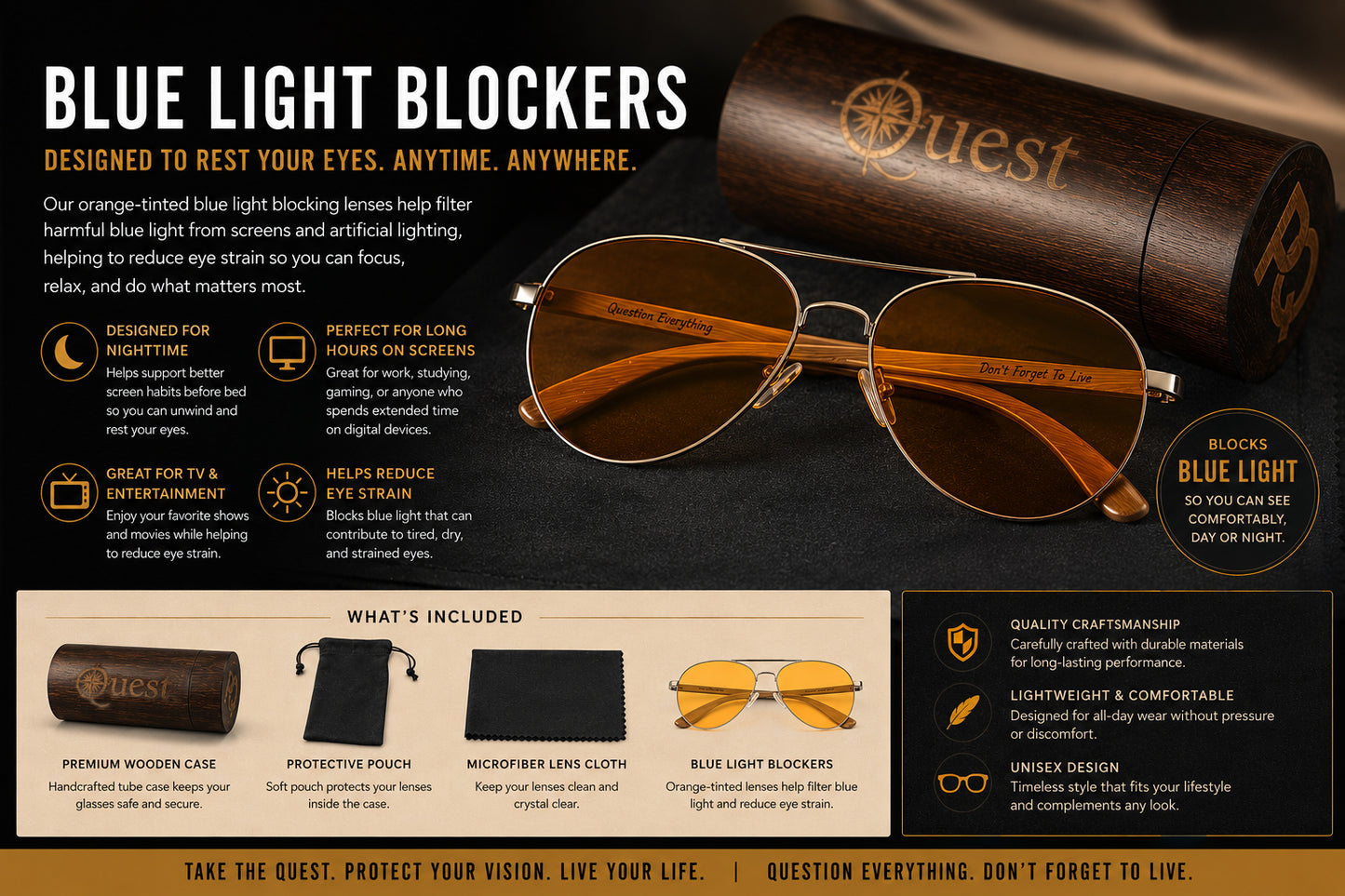 Pounders Quest Orange-Tinted Blue Light Blocker Glasses – Premium Wooden Case Included